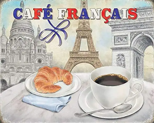 

12X8 Cafe Francais French France Coffee Bread Croissant Metal Plaque Sign