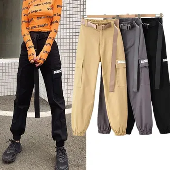 

Cotton High Waist Cargo Pants 2020 Spring Female Trousers Casual Trousers With Belt High Waist Sweatpants