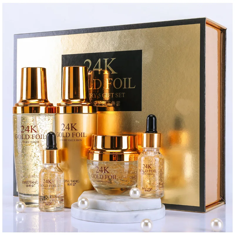 

BISUTANG 24K gold 5pcs Natural Skin Care Set Chamomile Face Suit Facial Care Cleanser Moisturizing Nourishing Firm Skin Care