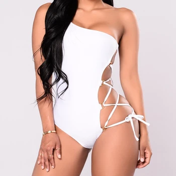 

One Piece Bodysuits Sexy Bikini Set Hollow Out Swimsuit Woman One Shoulder Swimwear Push Up Padded Side Lace Up Beachwear Suit