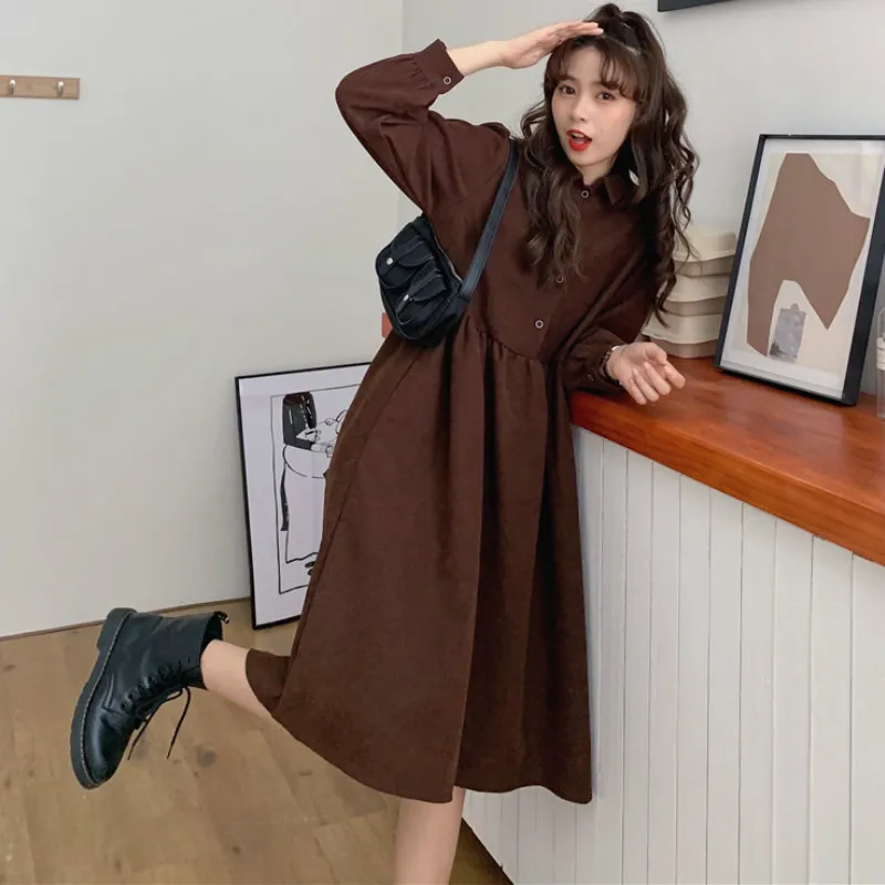 Dress Women Harajuku Solid Elegant Long Sleeve High Waist Corduroy A-Line Vestidos Fall New Fashion Trendy Casual Korean Stylish sexy dress