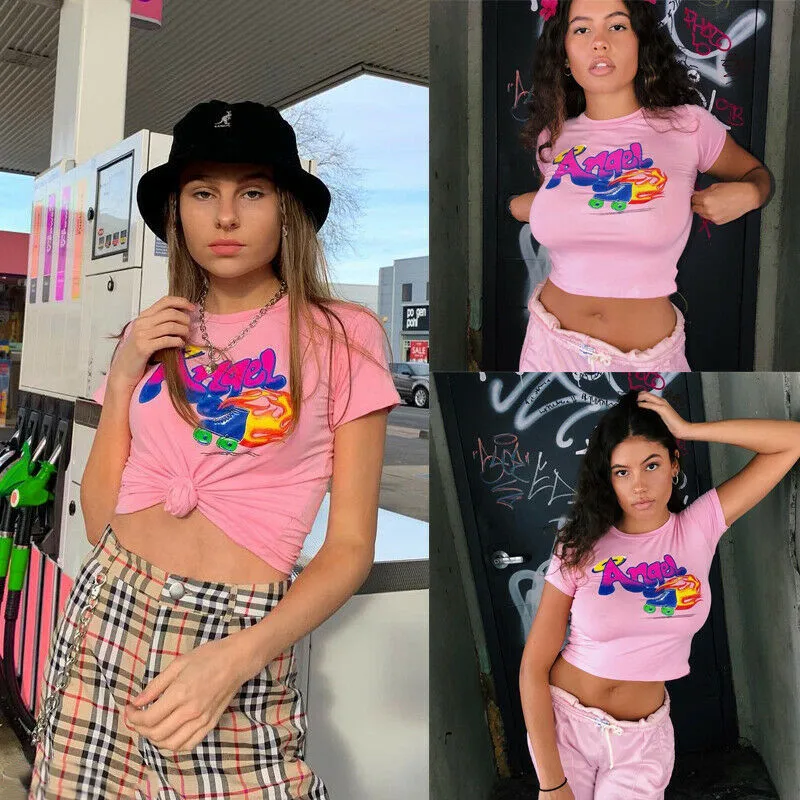 He6ed5e38b5d44e9ab676e6e2fbb625fbX - Angel Letter Printed Short Sleeve T-Shirts