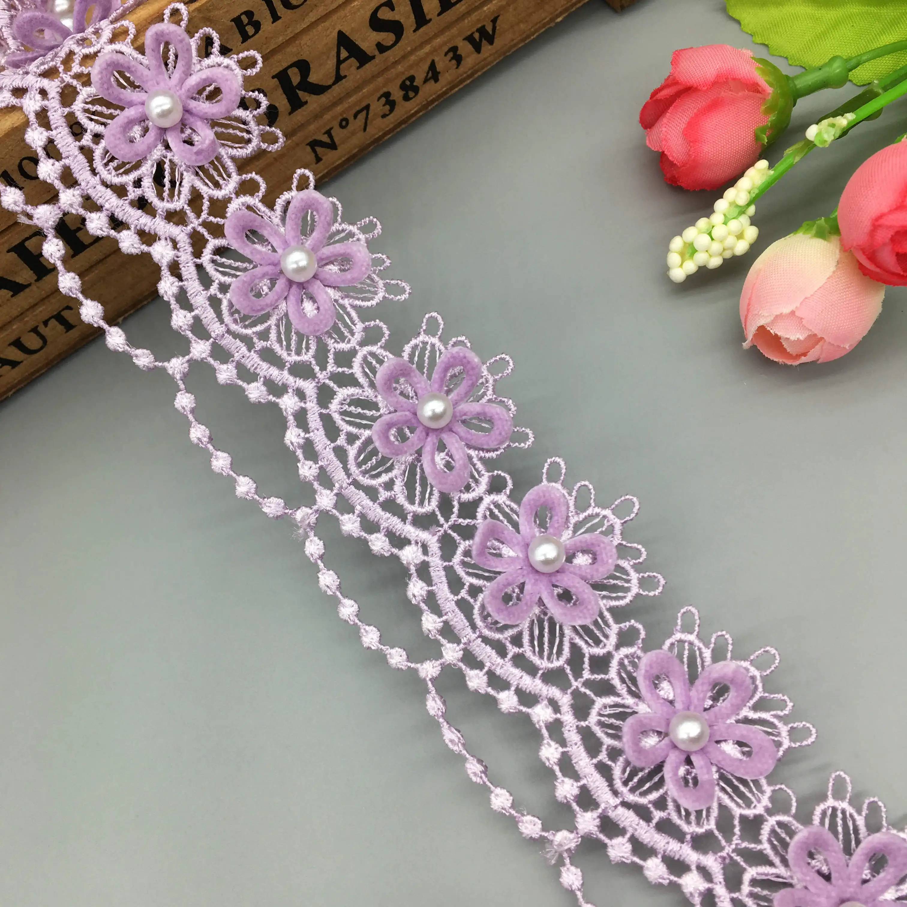 

1 yard Purple 4cm Pearl Beaded Sun Flower Wave Embroidered Lace Trim Ribbon Applique DIY Sewing Craft For Costume Wedding Dress