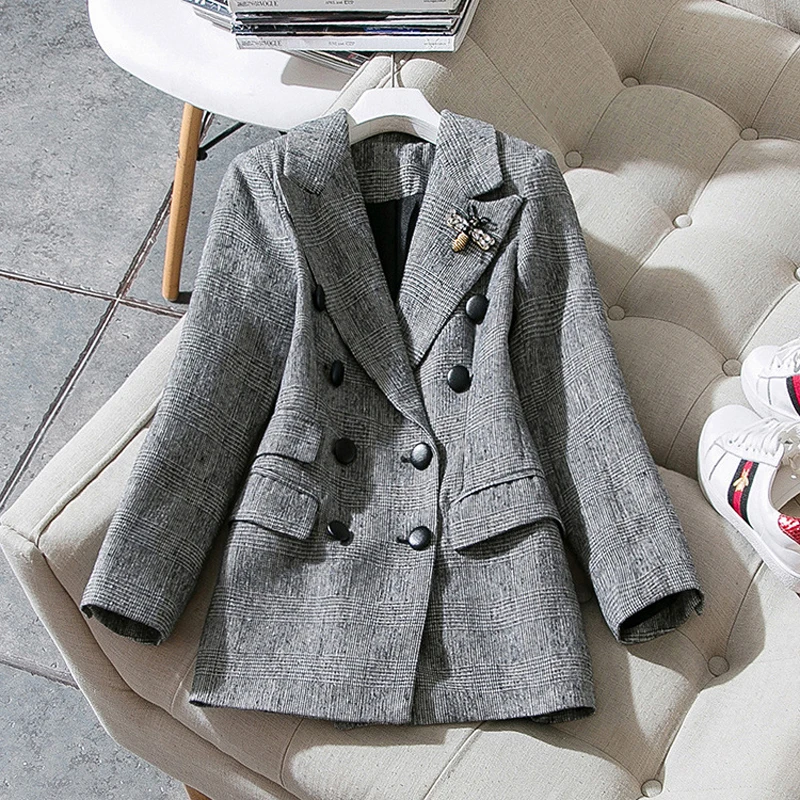 

New 2019 Spring Autumn Fashion Women Double Breasted Beading Bee Grey Plaid Blazer Coats OL Slim Blazers Jackets S-XXL JC2264