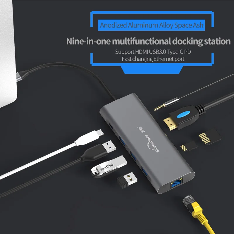 Blueendless USB 3,0 HDMI адаптер для разветвителя 8 портов TF SD карта PD USB C концентратор тип-c к RJ45 Ethernet сеть для MacBook Pro