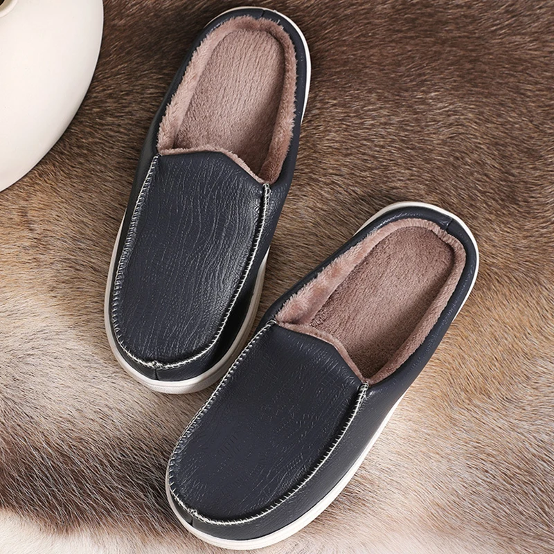 

Women's slippers 2020 PU Leather Woman slippers for home short plush Ladies slippers waterproof Winter warm House shoes