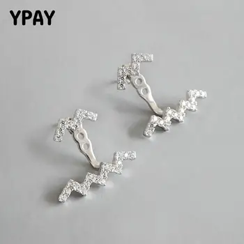

YPAY 100% Real 925 Sterling Silver Double Wave Earrings Paved with Zircon Rear Hanging Stud Earring Brinco Fine Jewelry YME291
