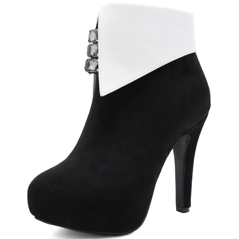 women's Fashion New Arrival Designer Shoes Spike Heels Round Toe Platform Flock Ankel Zip Boots Leisure Crystal Female Shoes