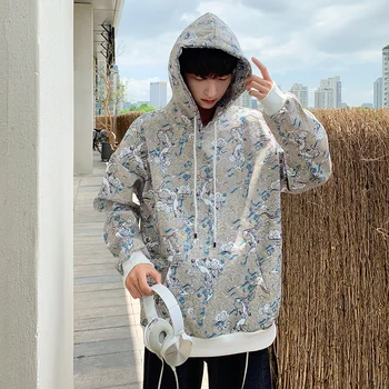 

2019 Winter New Men's Korean Version Loose Student Leisure Harajuku Color Hooded Digital Print Pullover
