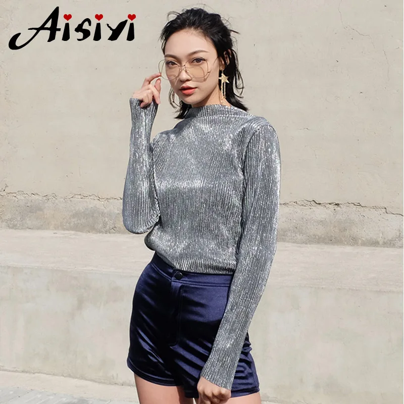 Женские футболки блестящая Водолазка с длинным рукавом блестящие облегающие