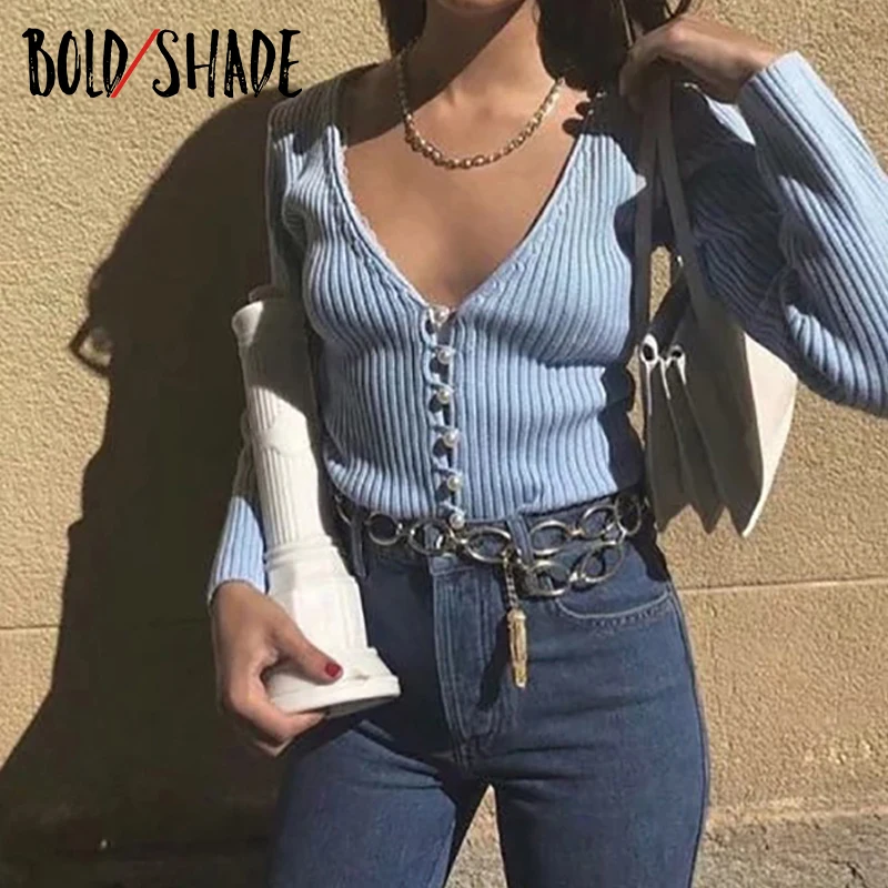 

Bold Shade Streetwear Fashion Vintage Cardigan Sweaters Pearl Button V-Neck Ribbed Sweater 90s Y2k Autumn Winter Fit Sexy Tops