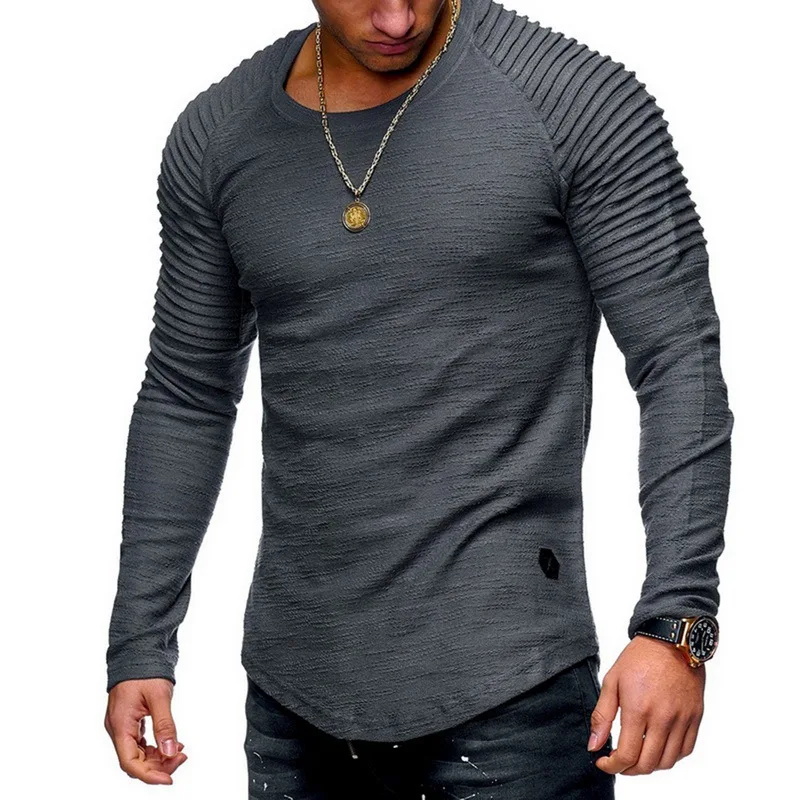 

Sfit 2020New Fashion Men's Round Neck Slim Solid Color Long-sleeved T-shirt Striped Fold Raglan SleeveT shirt Men Tops Tees