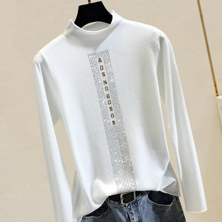 sweater neck High female hot drilling letters autumn and winter new slim diamond-encrusted sweater
