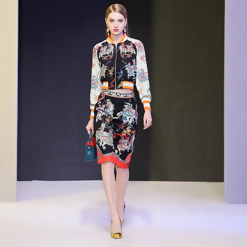 

DIDABOLE 2019 Autumn Dress New Shishangweiyi Long Sleeve Coat Baseball Wear Cover Hip Half Skirt Printed Dress Set