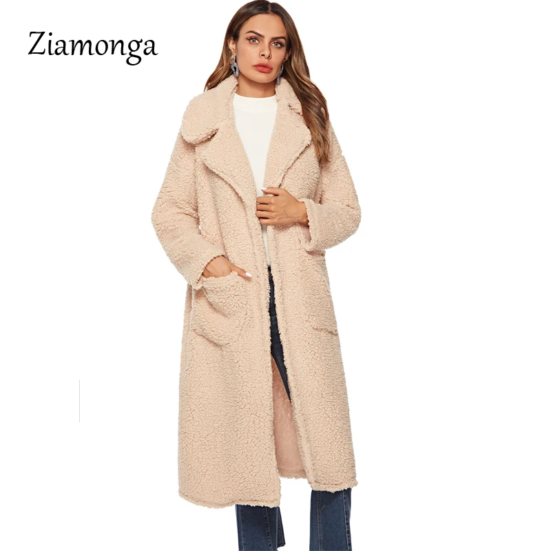 Ziamonga, S-XL, повседневное, женское, шерстяное, плюшевое, длинное пальто, для женщин,, зимнее, одноцветное, свободное, женское, утолщенное, шерсть, пальто, верхняя одежда