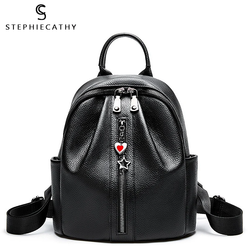 

SC Fashion Style Leather Backpack For Girls Functional Zip Pocket Shoulder Bag Lady Real Leather Big Travel Bag Teenage Knapsack