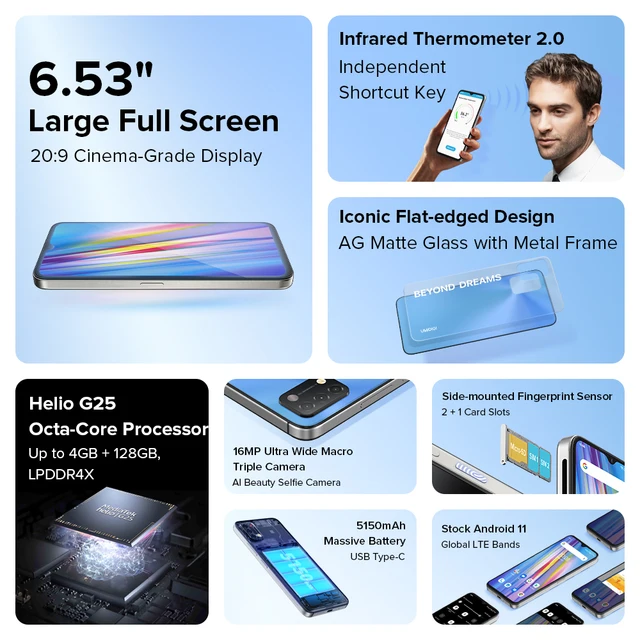[W magazynie] UMIDIGI A11 wersja globalna Android 11 Smartphone Helio G25 64GB 128GB 6.53 "HD + 16MP potrójna kamera 5150mAh telefon 2