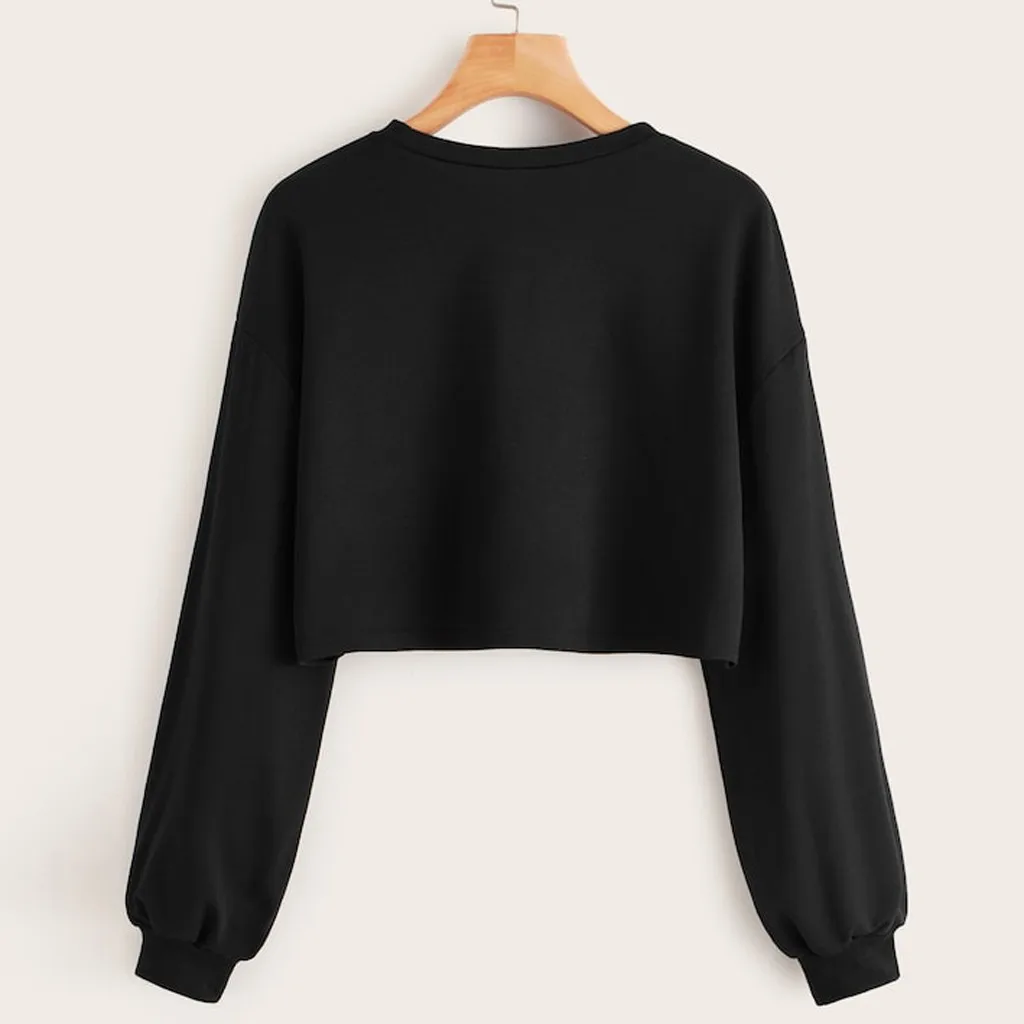 Crop Top Women Print Tops Streetwear Hip-hop Sweatshirt Long Sleeve Female Kawaii Roupas O-Neck Solid Sudadera Mujer Moletom