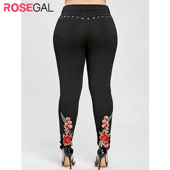 

ROSEGAL Plus Size Floral Embroidery Rivet Pencil Pants Women Leggings Skinny High Elastic Women Trousers Big Size Ladies Pants
