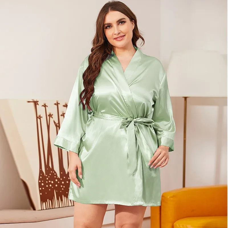 Oversize 3XL Lady Sexy Kimono Bathrobe Robes Solid Sleepwear Female Lounge Wear Home Dressing Gown Bridal Wedding Robe Gown