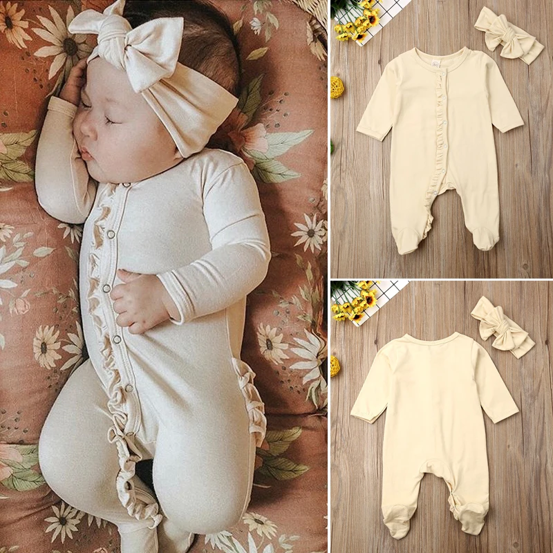 Комфортный хлопковый комбинезон для малышей, с запахом, с длинными рукавами, с оборками, 0-12 месяцев, Одежда для новорожденных