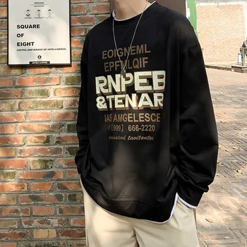 

Long Sleeve T Shirt Men Letter Print Crewneck Loose Casual Tops Tees Boys Fashion Streetwear Pink White T-shirts Male