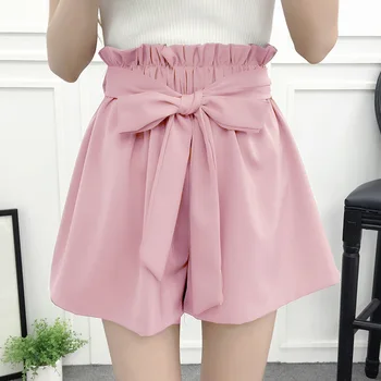 

Women's solid color high waist elastic shorts bow decoration shorts