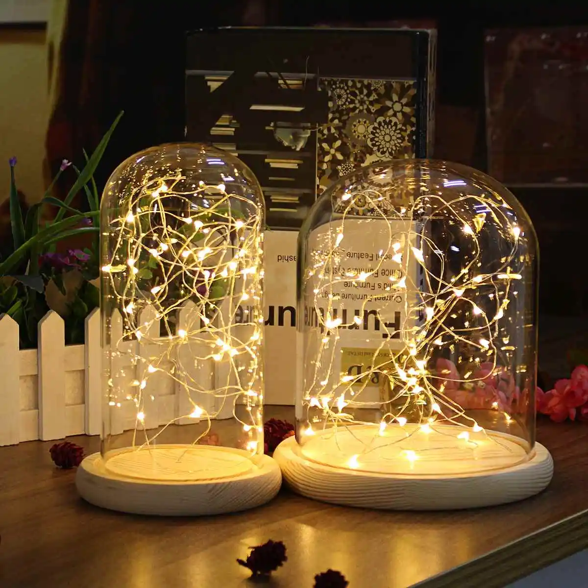  Glass Dome Bell Jar Cloche Display Wooden Base 20 LED Fairy String Light Home Decor Bedroom Desk Ni - 4000316243814