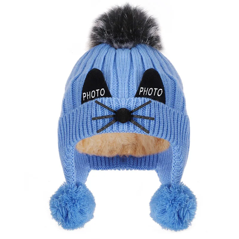 Детская шапка детские зимние шапки, бархатная вязаная шапка для мальчиков и девочек, бархатная хлопковая шапка с мультяшным рисунком, уличная теплая детская шапка с помпоном и кошачьими ушками