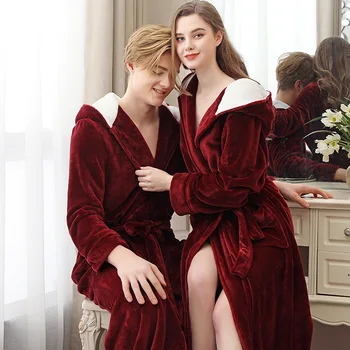 

Lovers Coral Fleece Robe Nightwear Kimono Bath Gown Winter Thick Nightgown Couple Flannel Sleepwear Casual Bathrobe Homewear
