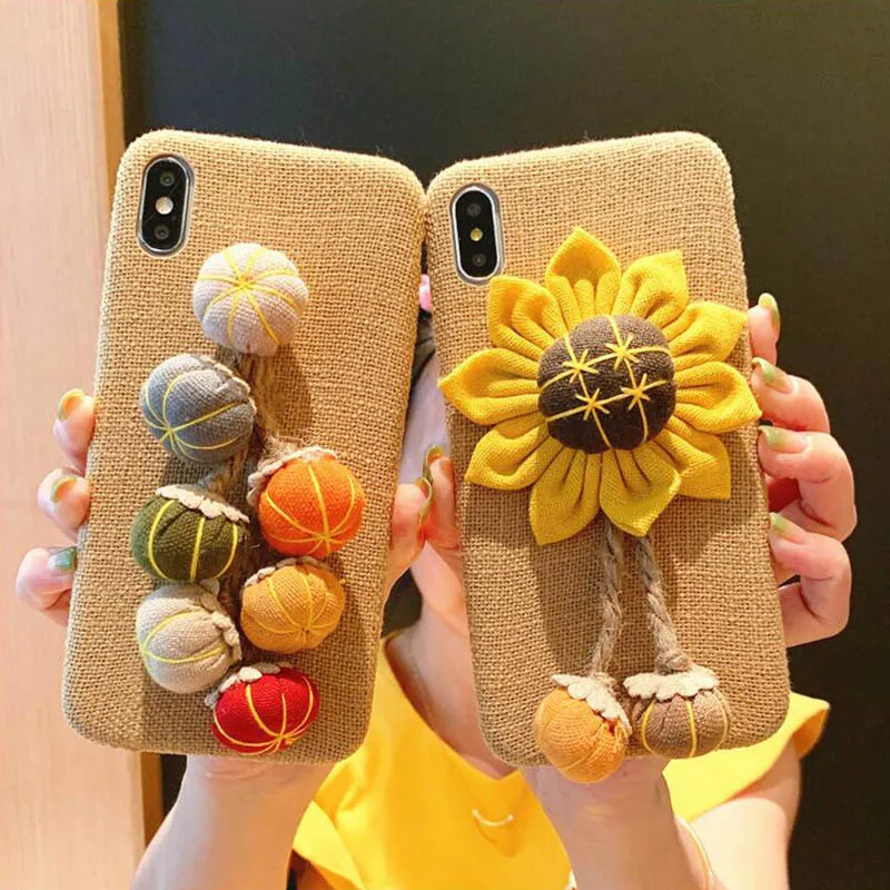 

QAYYNIMY Cute 3D Sunflower Pumpkin Design Case For iPhone 8 7 6s Plus Handmade Linen Fabric Soft Cover For iPhone X Xs Max XR