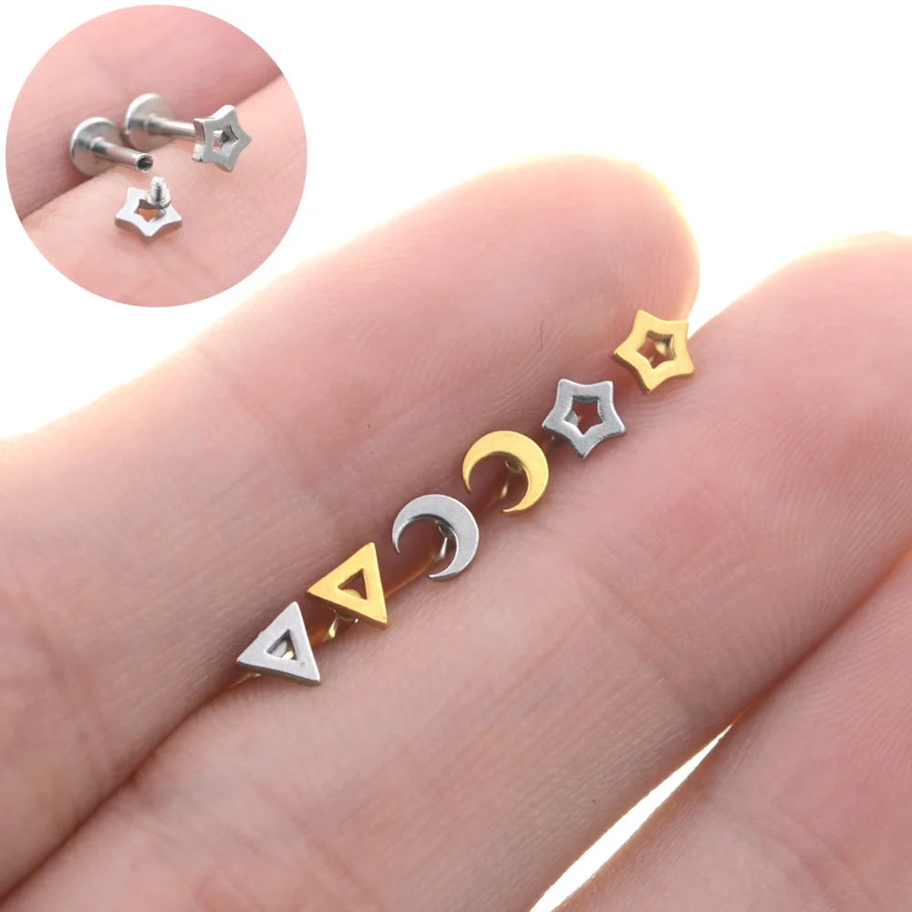 

2Pcs 1.2x6/8mm Rod Star Moon Conch Piercing Nose Ring Stud Tri-Angles Labret Lip Tragus Piercing Helix Lobe Earrings Ear Jewelry