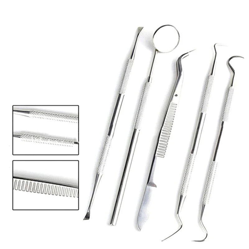 JETTING 5pcs Dental Mirror Stainless Steel Dentist Prepared Tool Set Probe Tooth Care Kit Instrument Tweezer Hoe Sickle Scaler