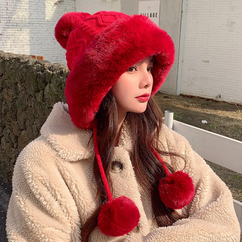 Thicken hat new style ladies fur ball plus velvet warm hood outdoor autumn and winter cold-proof fashion cute woolen wholesale mens leather bomber hat