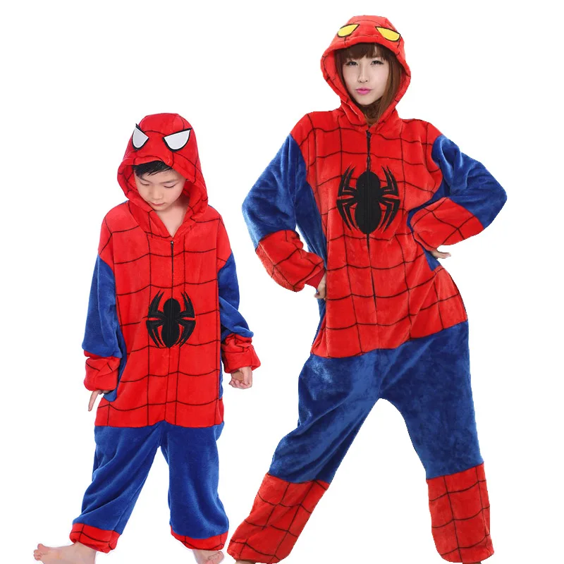 Spiderman EOICIOI Фланель с капюшоном животных Пикачу Семья Рождество Пижамы Зимний мультфильм Пижамы Соответствующие наряды Мать Дочь Косплей семейная одежда мама дочка детские пижамы единорога - Цвет: Spiderman