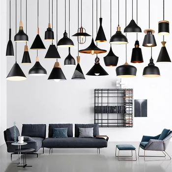 현대 교수형 천장 조명 나무 알루미늄 e27 펜 던 트 조명 다이닝 룸 테이블 침대 옆 부엌 블랙 장식 조명