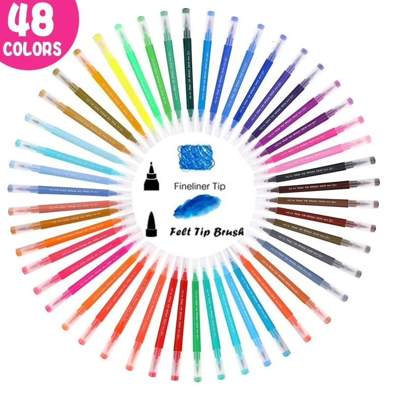 48-72-100-Colors-Fineliner-Marker-Pen-Set-Watercolor-Painting-Drawing-Dual-Tip-Brush-Pen-Art