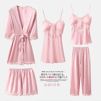 

Pink Women Wedding Robe Set 5PCS Sleepwear Kimono Bathrobe Gown Casual Loose Satin Nightwear Pajamas Sexy Lace Intimate Lingerie
