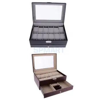 

12 Slots 2 Layers Watch Organizer Box PU Leather Display Top Glass Jewelry Storage Case