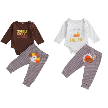 

0-12M Infant Toddler Baby Girl Boy Thanksgiving Clothing Turkey Printed Rompet Striped Striped Long Pants 2Pcs Autumn Outfit