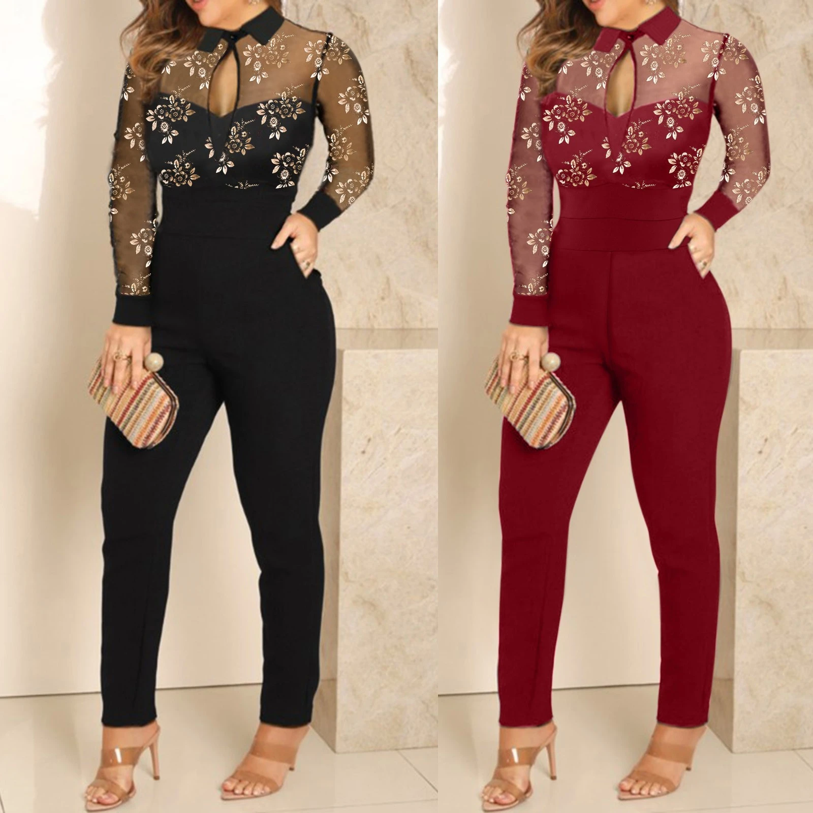 Monos negros elegantes de lentejuelas para mujer, Sexy de noche para fiesta, pantalones de una pieza, | - AliExpress