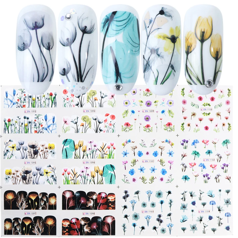 12 видов наклеек на ногти цветочный дизайн слайдер для переноса воды маникюр