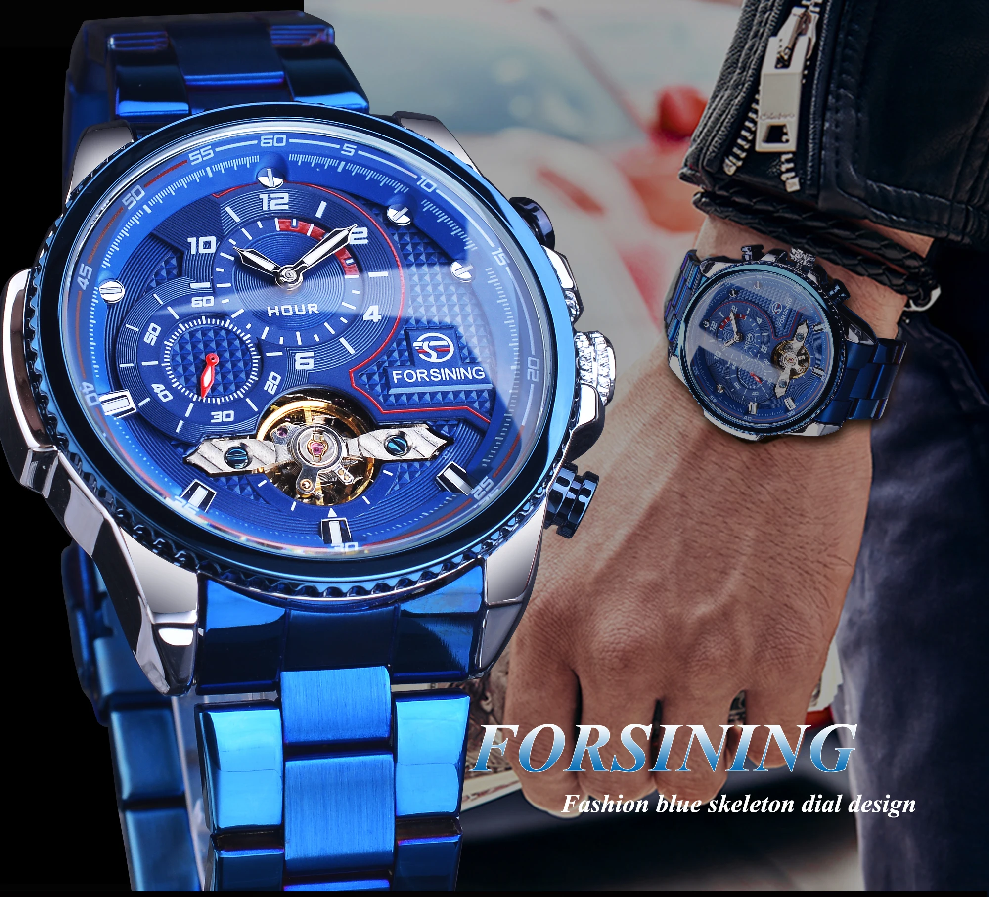 Forsining Orologio meccanico automatico da uomo Tourbillon Orologi da polso da uomo Orologi impermeabili Orologio da polso di lusso blu Relojes Hombre_voghion.com