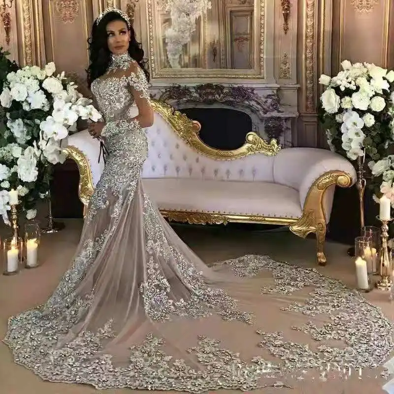 『Cheap!!!』- Arabic 2020 Luxury Wedding Dresses Sheer Long Sleeves
High Neck Lace Applique Beaded Mermaid Bridal Gowns Chapel Train Dubai