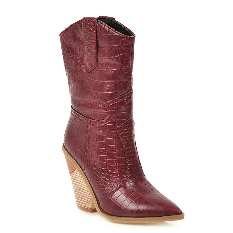 HTUUA/качественные кожаные ковбойские сапоги Вестерн для женщин; ботильоны с острым носком на не сужающемся книзу массивном каблуке; теплая осенне-зимняя обувь для женщин; SX3370