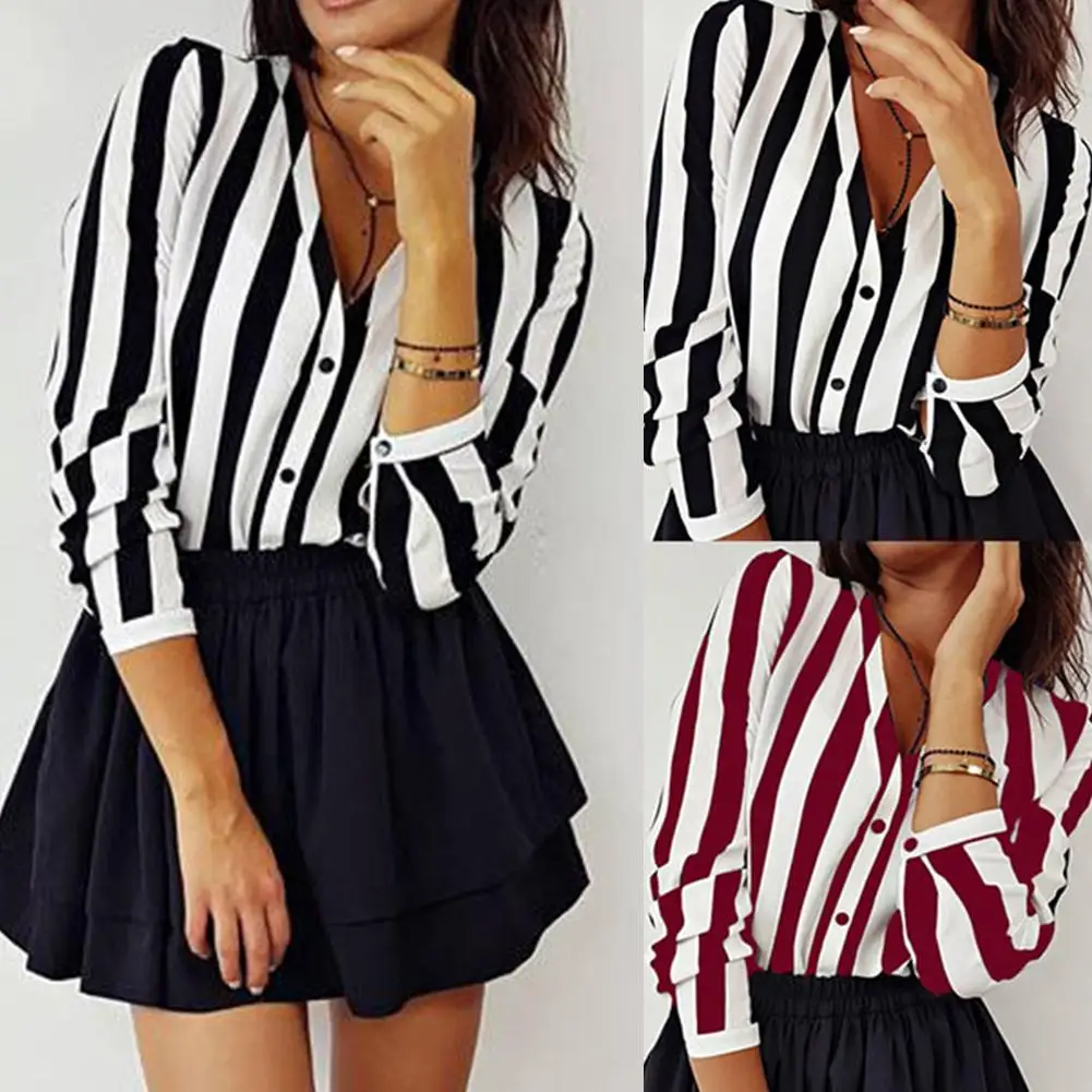 

Hot Fashion Women Striped Long Sleeve V Neck Button Down Loose Casual Blouse Top