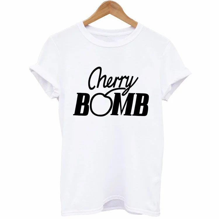 

Cherry BOMB Letter Print T Shirt Women Short Sleeve O Neck Loose Tshirt 2020 Summer Fashion Women Tee Shirt Tops