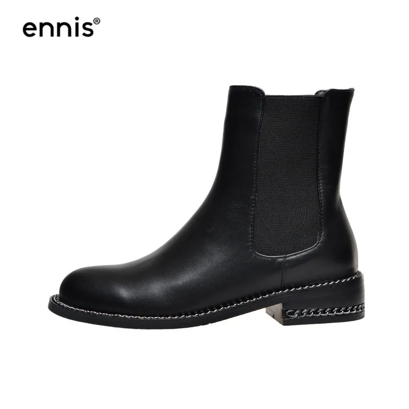 Black Plush Inside ENNIS/черные ботинки «Челси»; женские ботинки из натуральной кожи; ботильоны без застежки с цепочкой; обувь на низком каблуке; сезон осень-зима; Новинка; дизайнерская обувь; A9324 - Цвет: Black Plush Inside