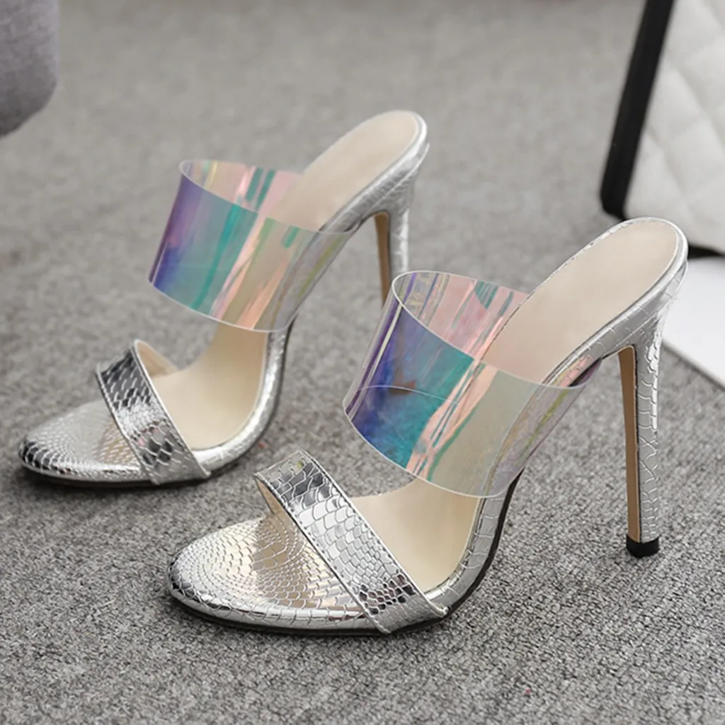 Прозрачная обувь на высоком каблуке из ПВХ; Модные женские прозрачные шлепанцы; сандалии без застежки с открытым носком; блестящие праздничные тапочки; обувь для вечеринок