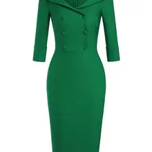 Для женщин классический Винтаж V образным вырезом двубортный коктейльные вечерние платье дамы осень-зима тонкий ретро футляр карандаш платья